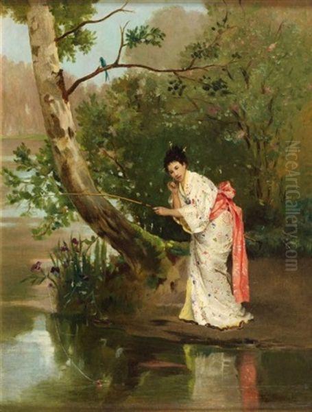 Jeune Femme En Kimono, Pechant A La Ligne Oil Painting by Toulmouche Auguste