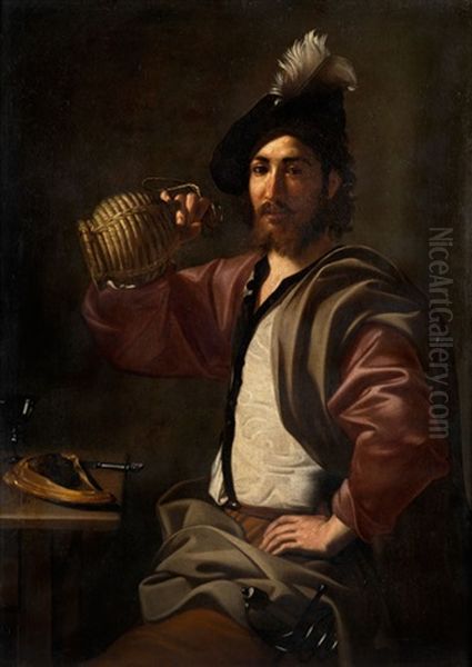 Junger Landsknecht Am Esstisch Mit Weinflasche Oil Painting by Nicolas Tournier