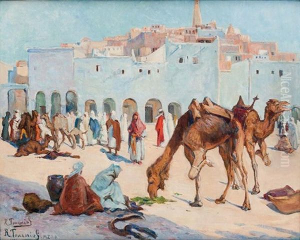 Marche A Ghardaia Oil Painting by Rene Tourniol
