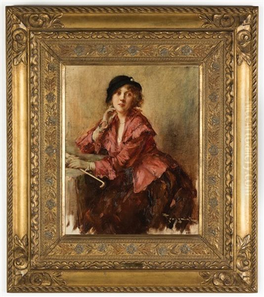 Young Lady With Red Coat And Umbrella Oil Painting by Fernand Toussaint