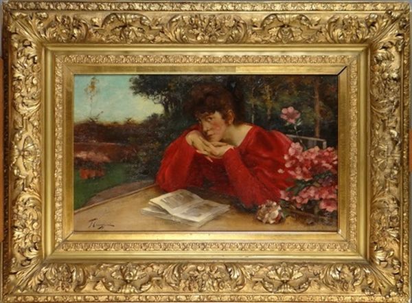 Dame A La Robe Rouge Et Son Livre Oil Painting by Fernand Toussaint
