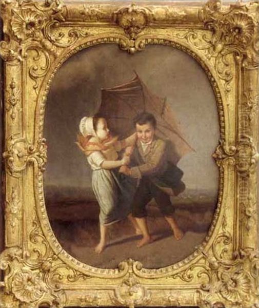 Couple D'enfants Luttant Contre La Tempete Oil Painting by Pierre Joseph Toussaint