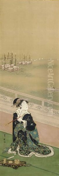 Courtesan Smoking On A Verandah Overlooking A Bay Oil Painting by Toyokuni