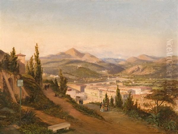 La Vallee Du Paillon Vue De La Route De Genes  (+ Le Port, La Citadelle, Le Vieux-nice Et La Baie Des Anges Vus De La Grande Corniche; Pair) Oil Painting by Ercole, Hercule Trachel