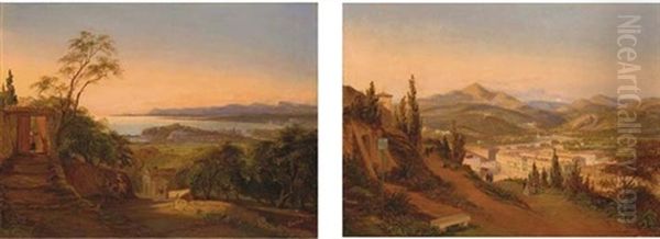 Nice, Le Port, La Citadelle, Le Vieux-nice Et La Baie Des Anges, Vus De La Grande Corniche (+ La Vallee Du Paillon Vue De La Route De Genes; Pair) Oil Painting by Ercole, Hercule Trachel