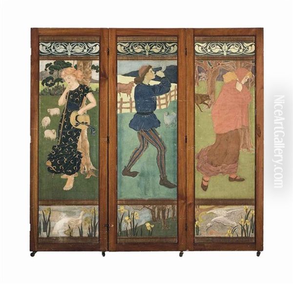 A Three-fold Mahogany Screen Incorporating Canvases Depicting Nursery Rhymes: Little Red Riding Hood; Bo Peep (+ The Pied Piper; 2 Works) Oil Painting by Phoebe Ann Traquair