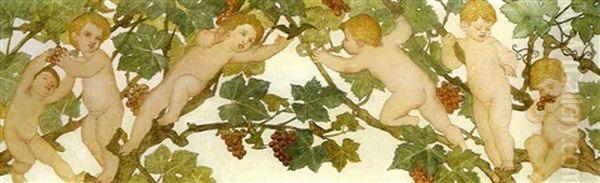 Putti Frolicking In A Vineyard Oil Painting by Phoebe Ann Traquair
