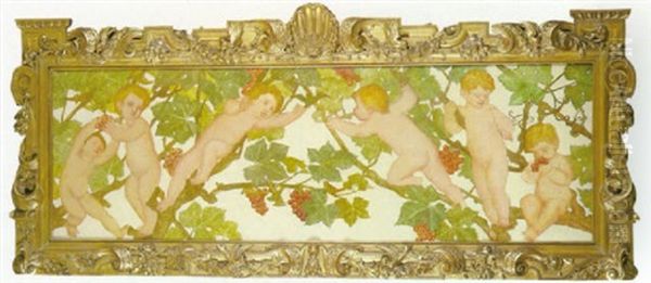 Putti In A Vineyard Oil Painting by Phoebe Ann Traquair