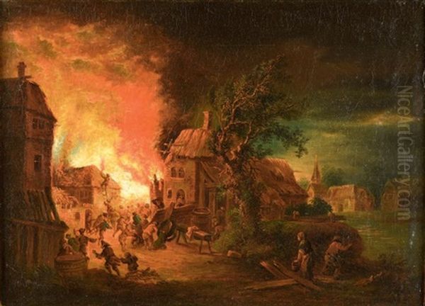 Incendies Nocturnes (pair) Oil Painting by Johann Georg Trautmann