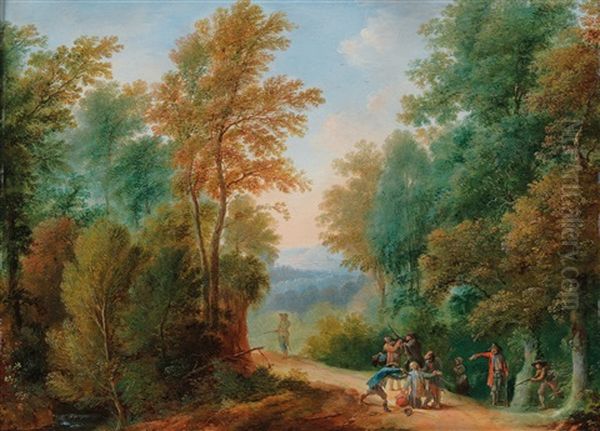 Two Wooded Landscapes With Robbers Oil Painting by Johann Georg Trautmann