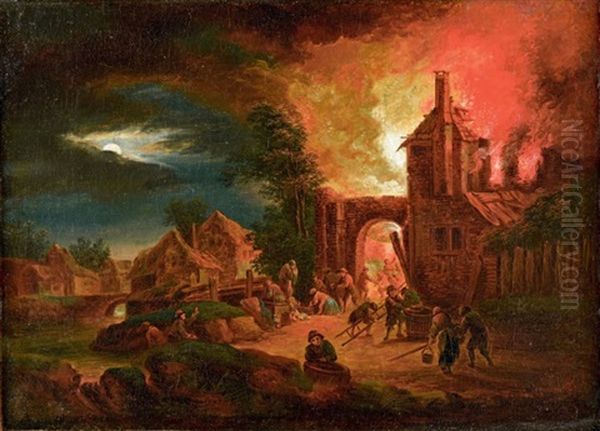 Incendies Nocturnes (pair) Oil Painting by Johann Georg Trautmann