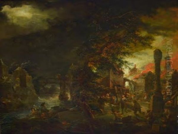 Brennendes Dorf Oil Painting by Johann Georg Trautmann