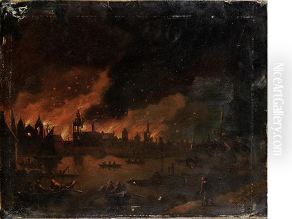 Fire Raging Across A Town At Night Oil Painting by Johann Georg Trautmann