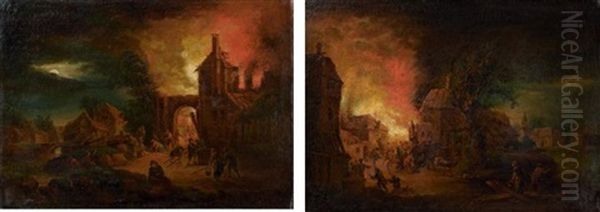 Incendies Nocturnes (pair) Oil Painting by Johann Georg Trautmann