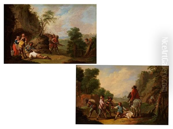 Dert Uberfall (+ Die Verhaftung; Pair) Oil Painting by Johann Georg Trautmann