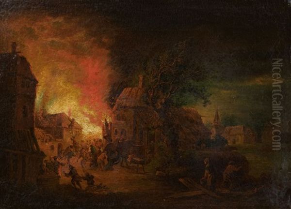 Deux Incendies Nocturnes (pair) Oil Painting by Johann Georg Trautmann