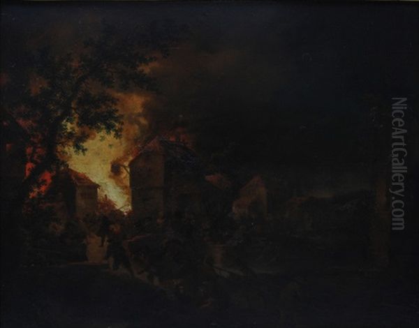 Nachtliches Inferno (+ Another; Pair) Oil Painting by Johann Georg Trautmann