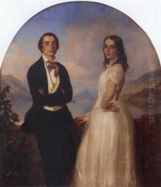 Portrait Of Edmund Knowles Muspratt And Emma Jessie Muspratt In A Lake Landscape Oil Painting by Wilhelm Carl F. Trautschold