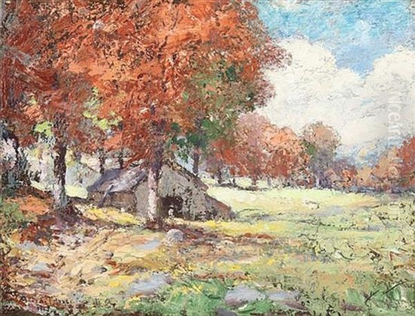 Barn In Autumn Landscape Oil Painting by George A. Traver