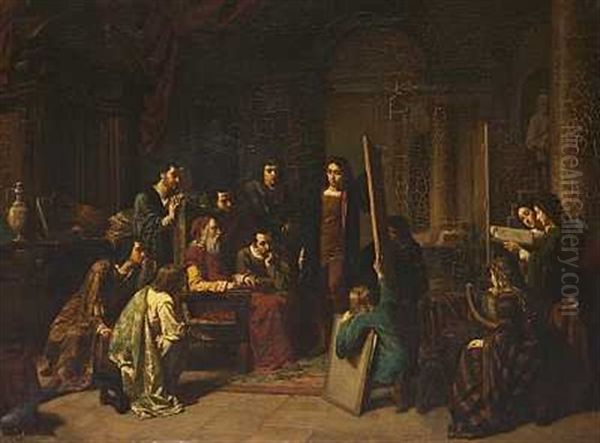 Fra Et Kunstneratelier. Den Gamle Mester Bedommer Elevernes Arbejder Oil Painting by Jean-Baptiste Jules Trayer