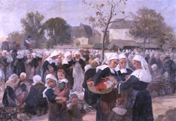 Marche Aux Etoffes Oil Painting by Jules Trayer