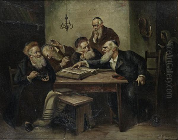 Talmudic Discussion Oil Painting by Maurycy Trebacz