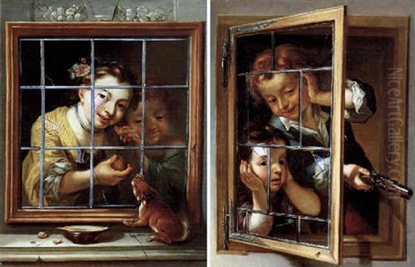 Zwei Kinder Necken Ein Angekettetes Eichhornchen Durch Eine Fensterscheibe Oil Painting by Nicolaus Treu