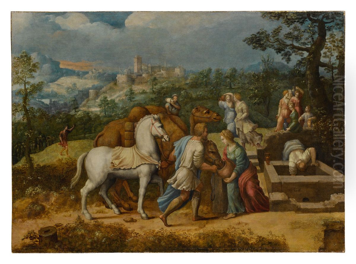 Rebecca At The Well Oil Painting by Girolamo da Treviso the Younger