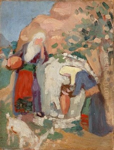 Women At The Fountain Oil Painting by Theofrastos Triandafyllidis