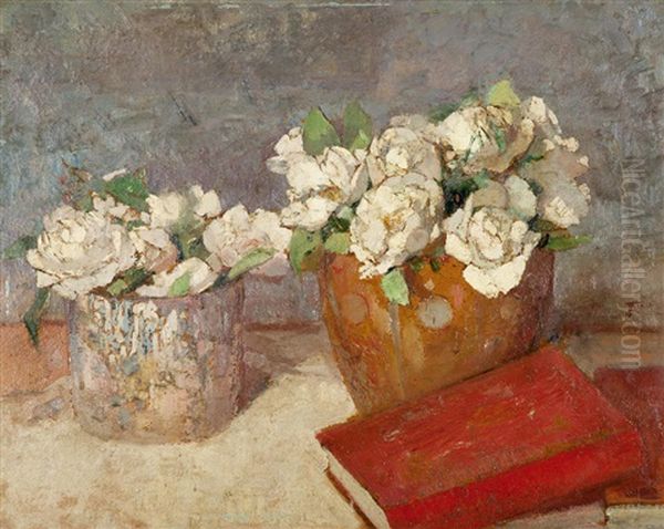 Still Life With Gardenias And Red Book Oil Painting by Theofrastos Triantafyllidis
