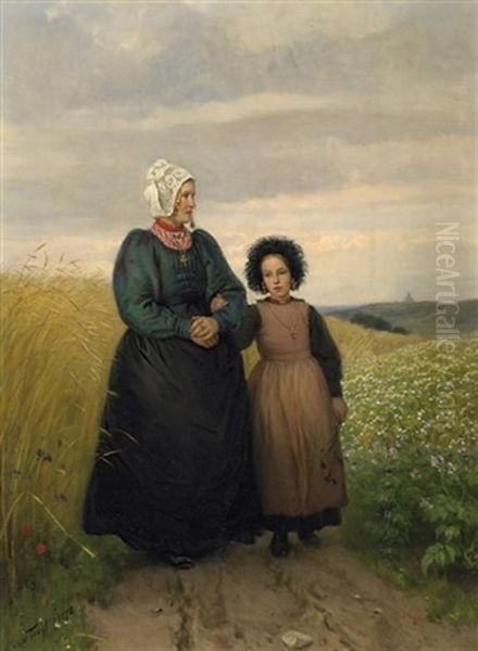 Der Kirchgang. Bauerin Mit Tochter In Sonntaglicher Tracht Auf Einem Feldwege Oil Painting by Hendrik Albert Van Trigt