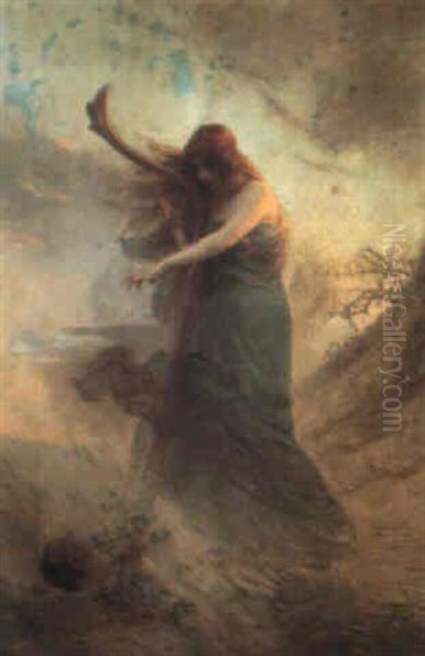 Femme A La Lyre Oil Painting by Jules Octave Triquet