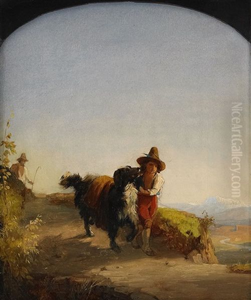 Pojke Med Hund - Motiv Fran Romerska Campagnan Oil Painting by Uno Troili