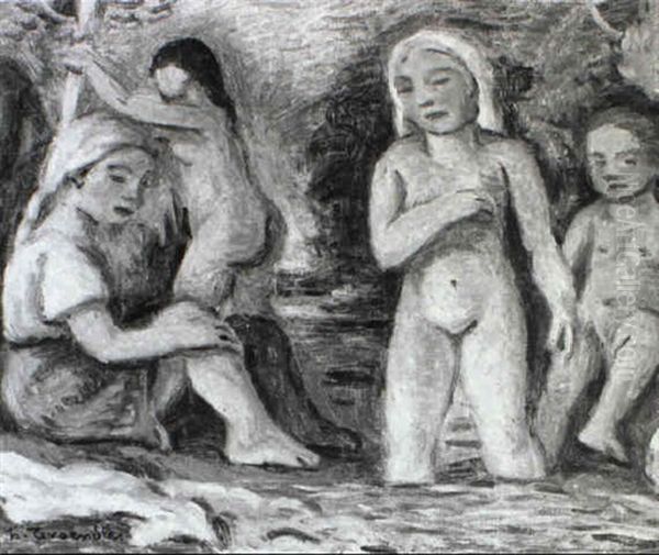 Vier Badende Madchen An Einem Bach Oil Painting by Hugo Troendle