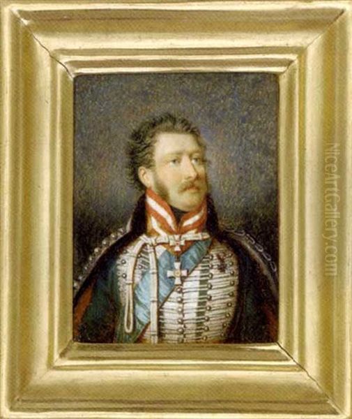 Frederick Vi, Landgrave Of Hesse-homburg, In The Uniform Of The Colonel Of The 4th Hussar Regiment, Green Coat With Silver Facings, Fur Bordered White Cloak ... Oil Painting by Giovanni Trossarelli