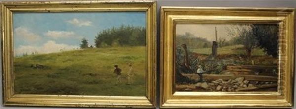 Two Men Hunting And Man Fishing (2 Works) Oil Painting by Newbold Hough Trotter