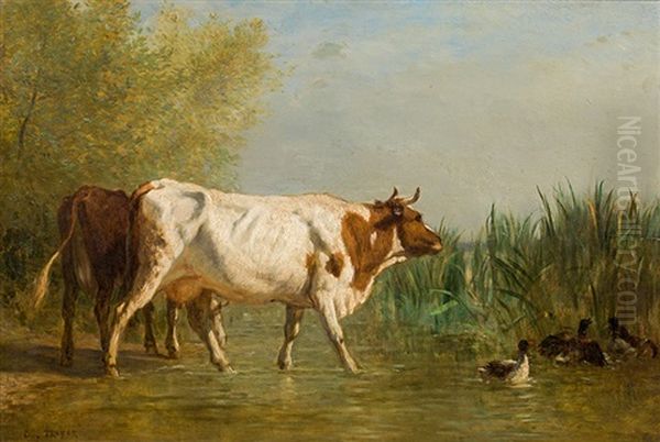 Cows At A Lakeside Oil Painting by Constant Troyon