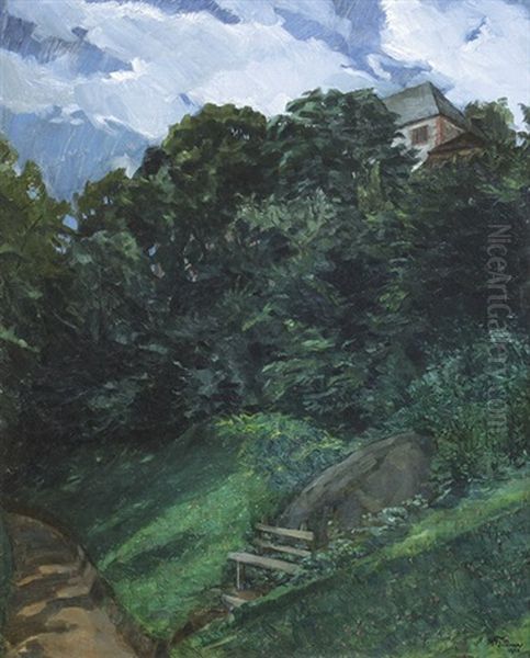 Schlosspark Lichtenberg (odenwald) Mit Bank Oil Painting by Wilhelm Truebner