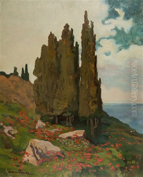 Poppy Field At The Mountain Base Oil Painting by Ivan Trusz