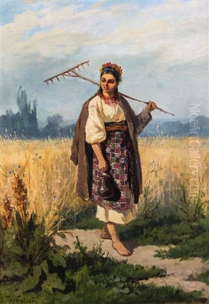 Peasant Girl In Ukrainian Costume With Flowered Hair In Summer Landscape Oil Painting by Konstantin Alexandrovich Trutovsky
