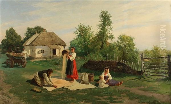 Summer In The Village Oil Painting by Konstantin Alexandrovich Trutovsky