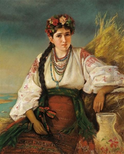 Bildnis Einer Blumengeschmuckten Frau In Ukrainischer Tracht Oil Painting by Konstantin Alexandrovich Trutovsky