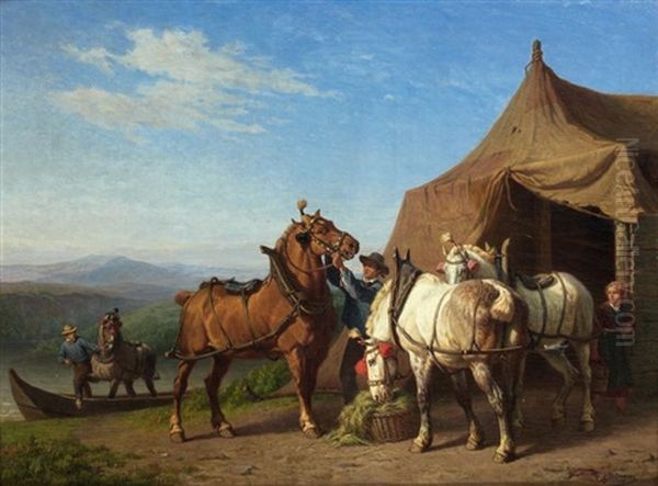 Le Passage Du Gue Oil Painting by Charles Philogene Tschaggeny