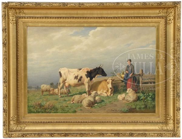 Milkmaid Entering A Field With Cows And Sheep Oil Painting by Edmond Jean Baptiste Tschaggeny