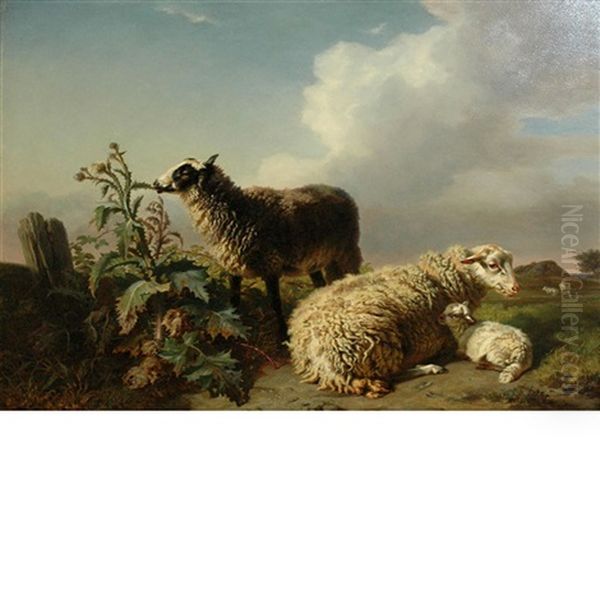 Sheep In A Landscape Oil Painting by Edmond Jean Baptiste Tschaggeny