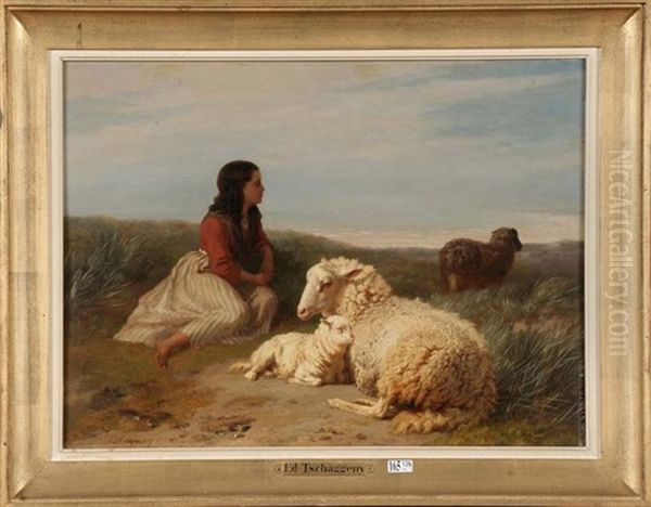 Bergere Et Son Troupeau Dans Les Dunes Oil Painting by Edmond Jean Baptiste Tschaggeny