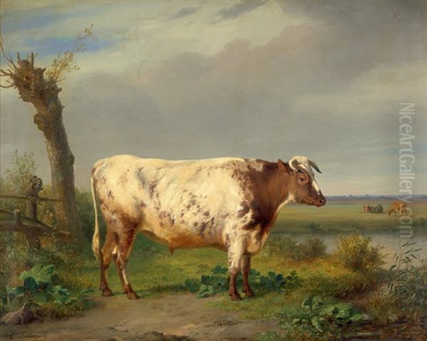 Polderlandschaft Mit Braun-weis Geflecktem Stier Oil Painting by Edmond Jean Baptiste Tschaggeny