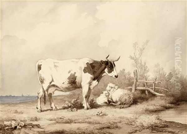 Polderlandschaft Mit Stier Oil Painting by Edmond Jean Baptiste Tschaggeny