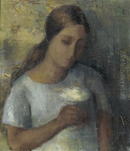 Madchen Mit Weisser Rose Oil Painting by Johann Wilhelm Von Tscharner