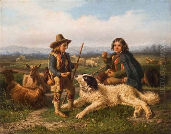 Zwei Hirtenknaben, Mit Ziegen, Schafen Und Einem Grosen Hirtenhund Oil Painting by Herbert Bolivar Tschudy